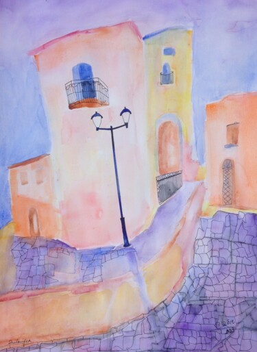Pittura intitolato "street in old Safed…" da Janna Shulrufer, Opera d'arte originale, Acquarello