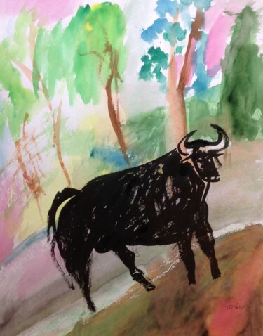 Pittura intitolato "black bull" da Janna Shulrufer, Opera d'arte originale, Inchiostro