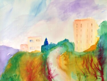 Pittura intitolato "Cityscape in Safed 3" da Janna Shulrufer, Opera d'arte originale, Acquarello