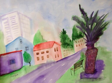 Malerei mit dem Titel "Cityscape in Tel-Av…" von Janna Shulrufer, Original-Kunstwerk, Aquarell