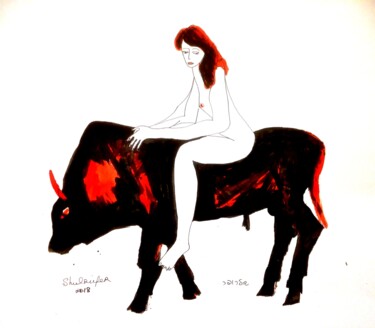 Disegno intitolato "on the bull" da Janna Shulrufer, Opera d'arte originale, Inchiostro