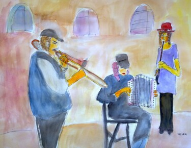 Painting titled "kleizmers in Safed" by Janna Shulrufer, Original Artwork, Watercolor