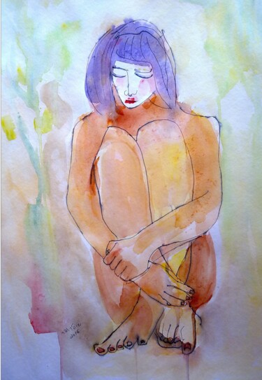 Drawing titled "siiting woman" by Janna Shulrufer, Original Artwork, Watercolor