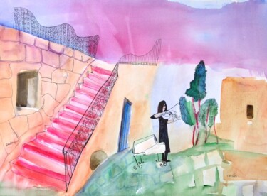 Pintura intitulada "View at Safed" por Janna Shulrufer, Obras de arte originais, Aquarela