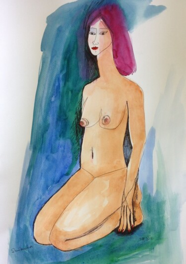 Dibujo titulada "Nude 4" por Janna Shulrufer, Obra de arte original, Acuarela