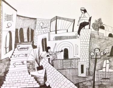 Рисунок под названием "Musicians in Safed" - Janna Shulrufer, Подлинное произведение искусства, Чернила