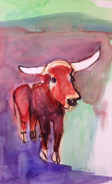 Картина под названием "bull1" - Janna Shulrufer, Подлинное произведение искусства, Акварель