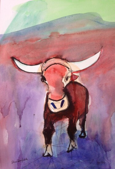 Painting titled "bull2" by Janna Shulrufer, Original Artwork, Watercolor