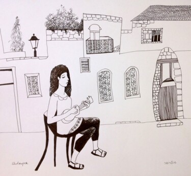 Рисунок под названием "music in the street" - Janna Shulrufer, Подлинное произведение искусства, Чернила