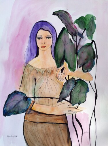 Картина под названием "portrait of woman" - Janna Shulrufer, Подлинное произведение искусства, Акварель