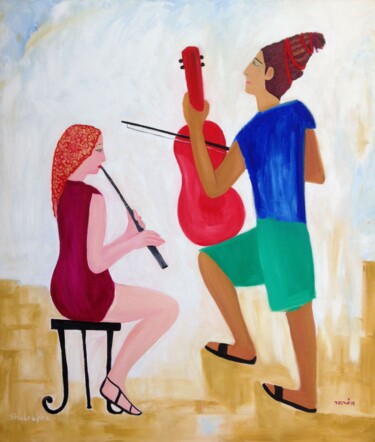 Schilderij getiteld "listening to music" door Janna Shulrufer, Origineel Kunstwerk, Olie