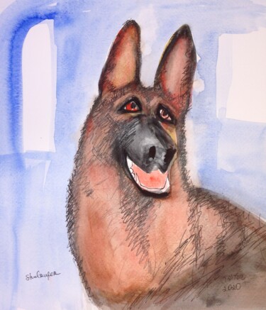 Dibujo titulada "portrait of dog" por Janna Shulrufer, Obra de arte original, Acuarela