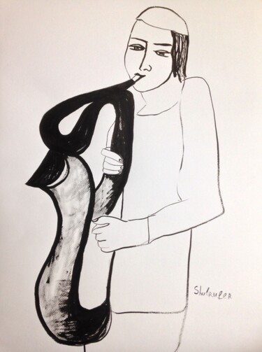 Drawing titled "boy and music" by Janna Shulrufer, Original Artwork, Ink