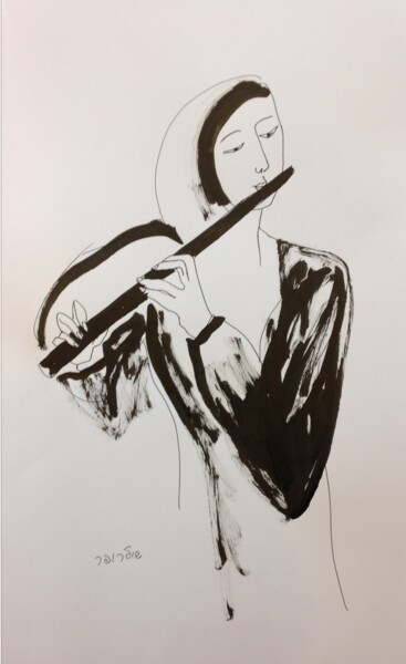 Zeichnungen mit dem Titel "fleutist" von Janna Shulrufer, Original-Kunstwerk, Tinte
