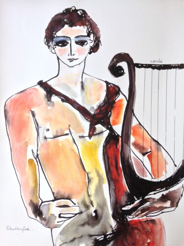 Disegno intitolato "King David with harp" da Janna Shulrufer, Opera d'arte originale, Acquarello
