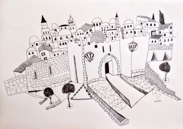 Rysunek zatytułowany „view at Holy City” autorstwa Janna Shulrufer, Oryginalna praca, Atrament