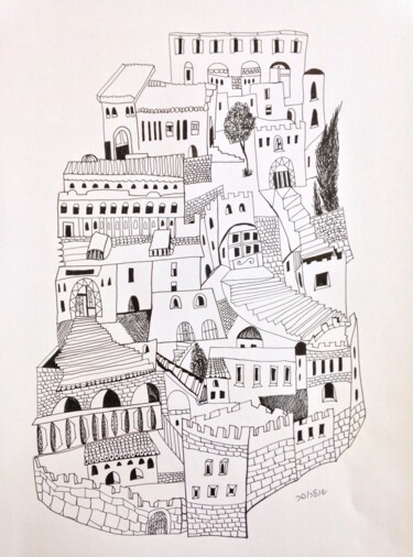 Dibujo titulada "view at ancient Jer…" por Janna Shulrufer, Obra de arte original, Tinta