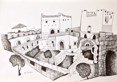 Dibujo titulada "view at old city of…" por Janna Shulrufer, Obra de arte original, Tinta