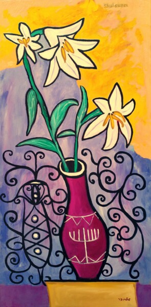 Painting titled "lilias in vase" by Janna Shulrufer, Original Artwork, Oil