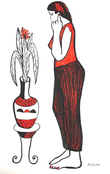 Dibujo titulada "woman with flower" por Janna Shulrufer, Obra de arte original, Tinta