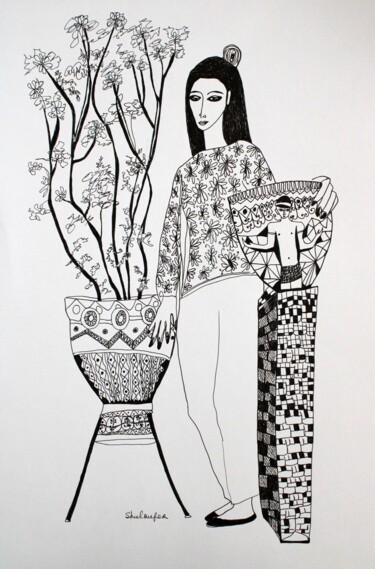 Drawing titled "girl with vases" by Janna Shulrufer, Original Artwork, Ink