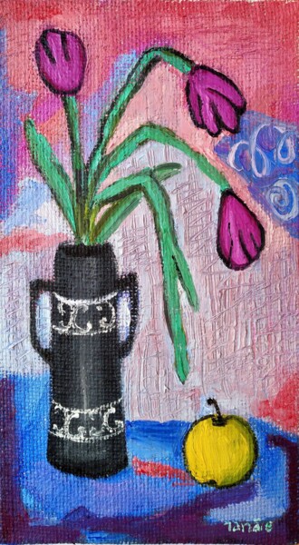 Painting titled "vase with tulips" by Janna Shulrufer, Original Artwork, Oil