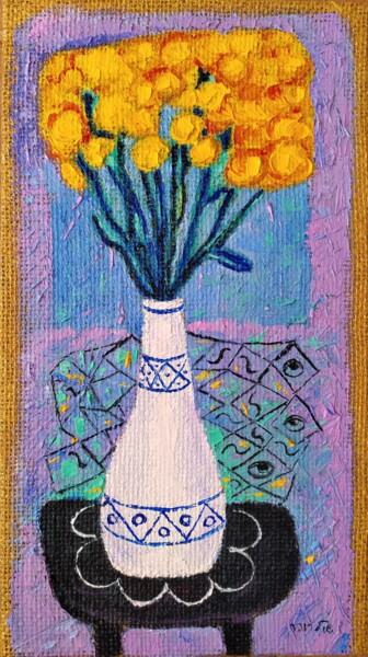 Painting titled "flowers on  table" by Janna Shulrufer, Original Artwork, Oil