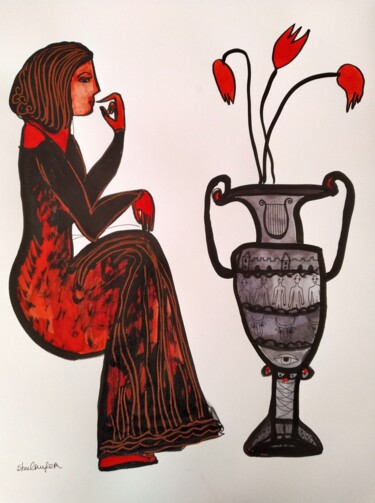 Drawing titled "Woman and ancient v…" by Janna Shulrufer, Original Artwork, Ink
