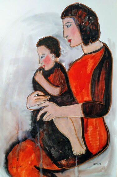 Tekening getiteld "mother and baby" door Janna Shulrufer, Origineel Kunstwerk, Inkt Gemonteerd op Andere stijve panelen