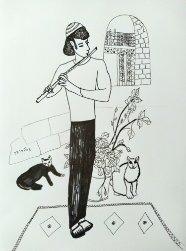Drawing titled "Musician with cats" by Janna Shulrufer, Original Artwork, Ink
