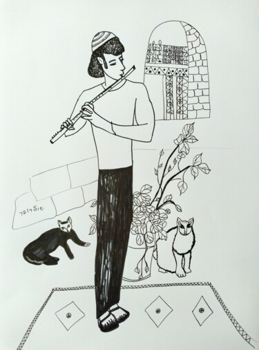 Rysunek zatytułowany „Musician with cats” autorstwa Janna Shulrufer, Oryginalna praca, Atrament