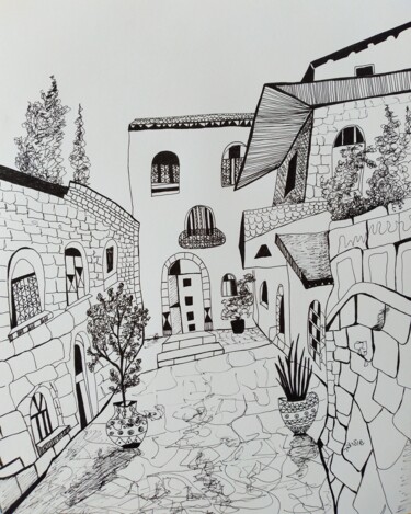 Drawing titled "cityscape Zefat" by Janna Shulrufer, Original Artwork, Gel pen