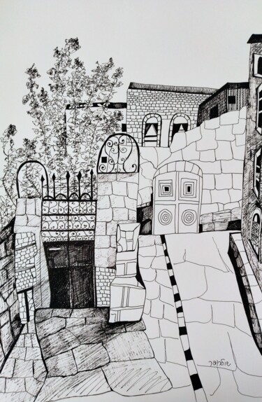 Рисунок под названием "street in old city" - Janna Shulrufer, Подлинное произведение искусства, Гелевая ручка