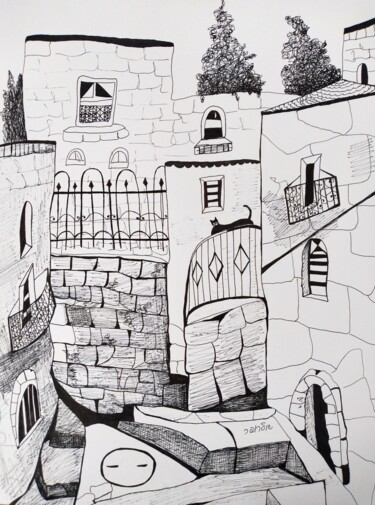 Desenho intitulada "in old city" por Janna Shulrufer, Obras de arte originais, Caneta de gel