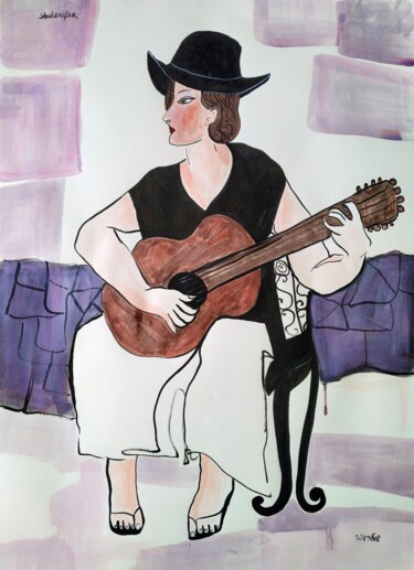 Рисунок под названием "Playing the guitar" - Janna Shulrufer, Подлинное произведение искусства, Чернила