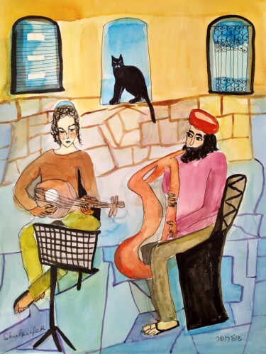 Картина под названием "Musicians in the st…" - Janna Shulrufer, Подлинное произведение искусства, Акварель
