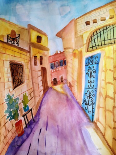 Pittura intitolato "Old street in Zefat" da Janna Shulrufer, Opera d'arte originale, Acquarello