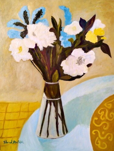 Painting titled "blue flowers" by Janna Shulrufer, Original Artwork, Oil