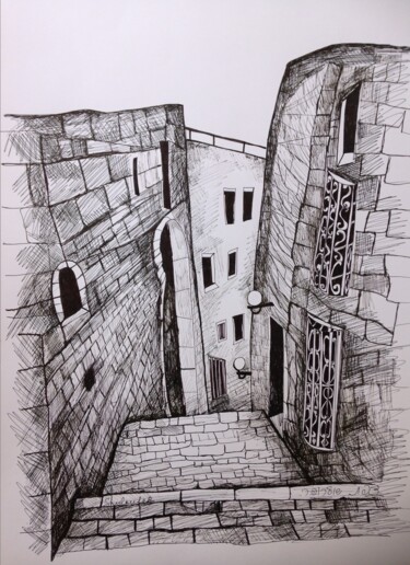Drawing titled "Cityscape in old Je…" by Janna Shulrufer, Original Artwork, Gel pen
