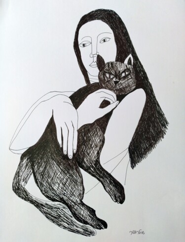 Disegno intitolato "girl and cat" da Janna Shulrufer, Opera d'arte originale, Penna gel