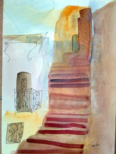 Painting titled "Stairs in Safed" by Janna Shulrufer, Original Artwork, Watercolor
