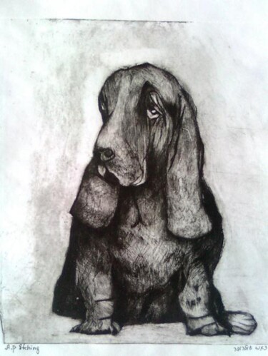 Printmaking titled "Dog (Basset)" by Janna Shulrufer, Original Artwork, Engraving