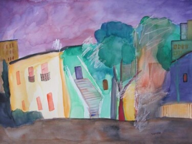 Painting titled "Safed on night" by Janna Shulrufer, Original Artwork, Watercolor