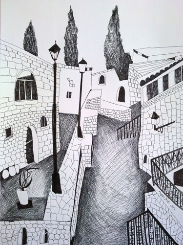 Drawing titled "Urban landscape" by Janna Shulrufer, Original Artwork, Gel pen