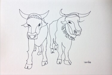 Disegno intitolato "couple of bulls" da Janna Shulrufer, Opera d'arte originale, Penna gel