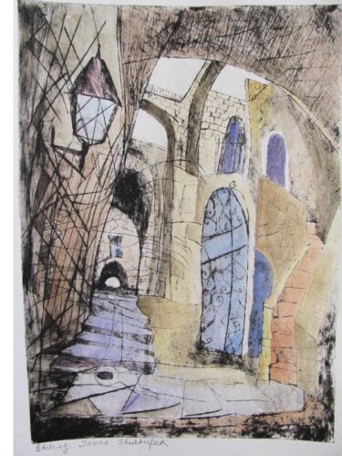 Prenten & gravures getiteld "Old city" door Janna Shulrufer, Origineel Kunstwerk, Gravure