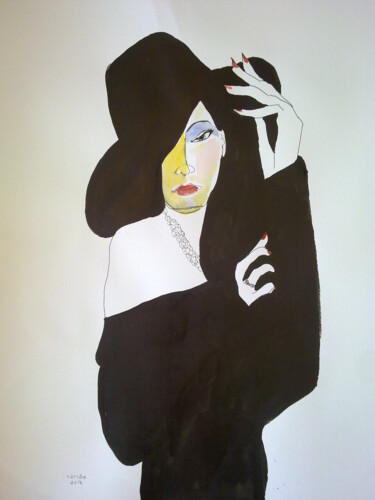 Dessin intitulée "Lady with hat(1)" par Janna Shulrufer, Œuvre d'art originale, Encre