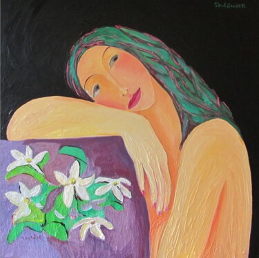 Painting titled "Portrait with flowe…" by Janna Shulrufer, Original Artwork, Oil
