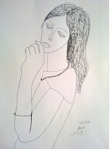 Drawing titled "Pensative girl" by Janna Shulrufer, Original Artwork, Gel pen