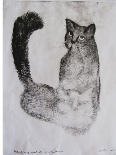 Incisioni, stampe intitolato "Cats" da Janna Shulrufer, Opera d'arte originale, incisione